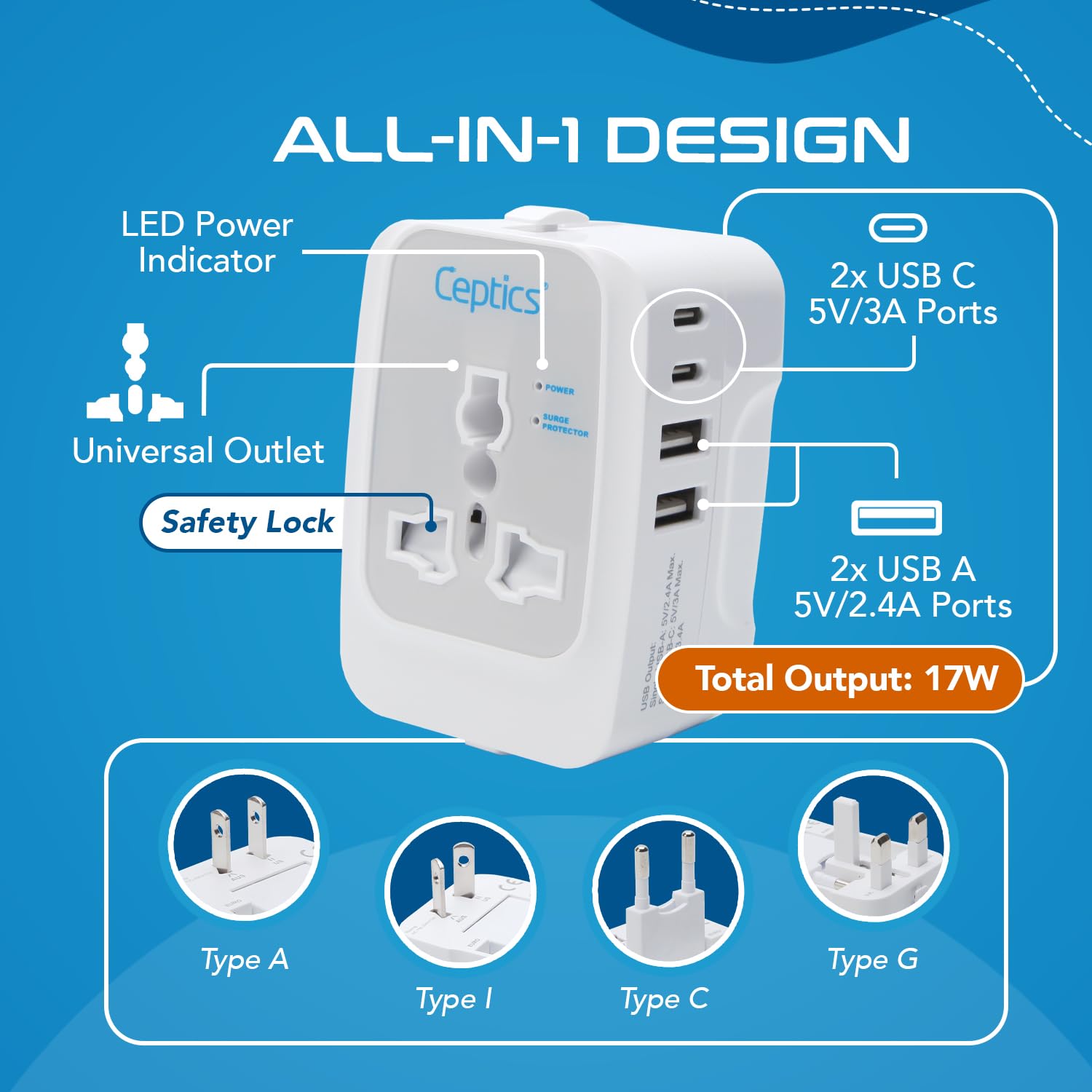1747252326 Ceptics Travel Adapter India to Europe USA UK Australia Africa Chile Italy UAE World Travel Plug Adapter Safe Compact Powerful USB Adapter Universal Travel Adapter with Type C 3 Pack