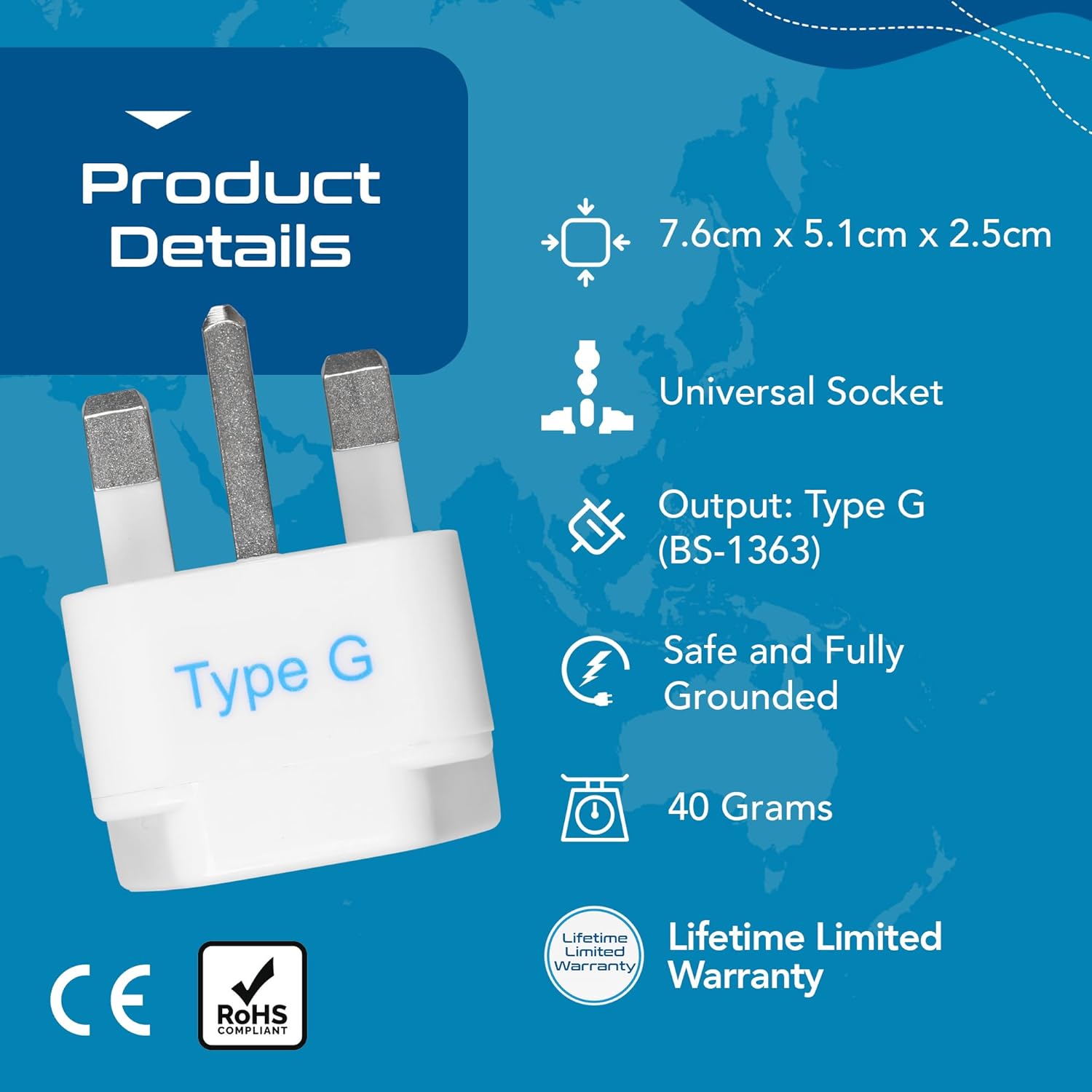 1747338774 Ceptics Type G UK Adapter for Indian Pins India to Hong Kong UAE Dubai Travel Perfect for Laptop Camera Charger CE RoHS 2 Pack White 5 Years Warranty