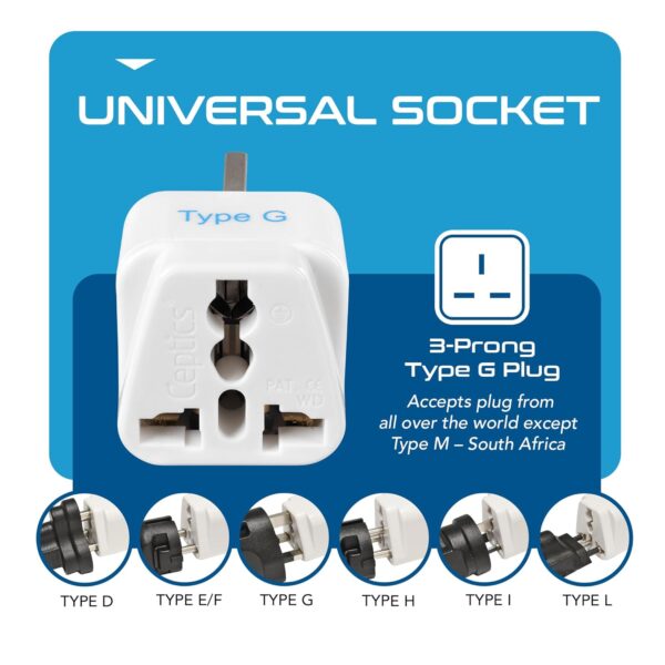 1747338778 Ceptics Type G UK Adapter for Indian Pins India to Hong Kong UAE Dubai Travel Perfect for Laptop Camera Charger CE RoHS 2 Pack White 5 Years Warranty