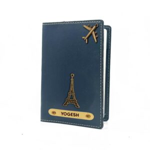 The Unique Gift Studio Personalised Name & Charm Leather Passport Cover Holder for Men & Women Blue Customised Passport Holder for Gift