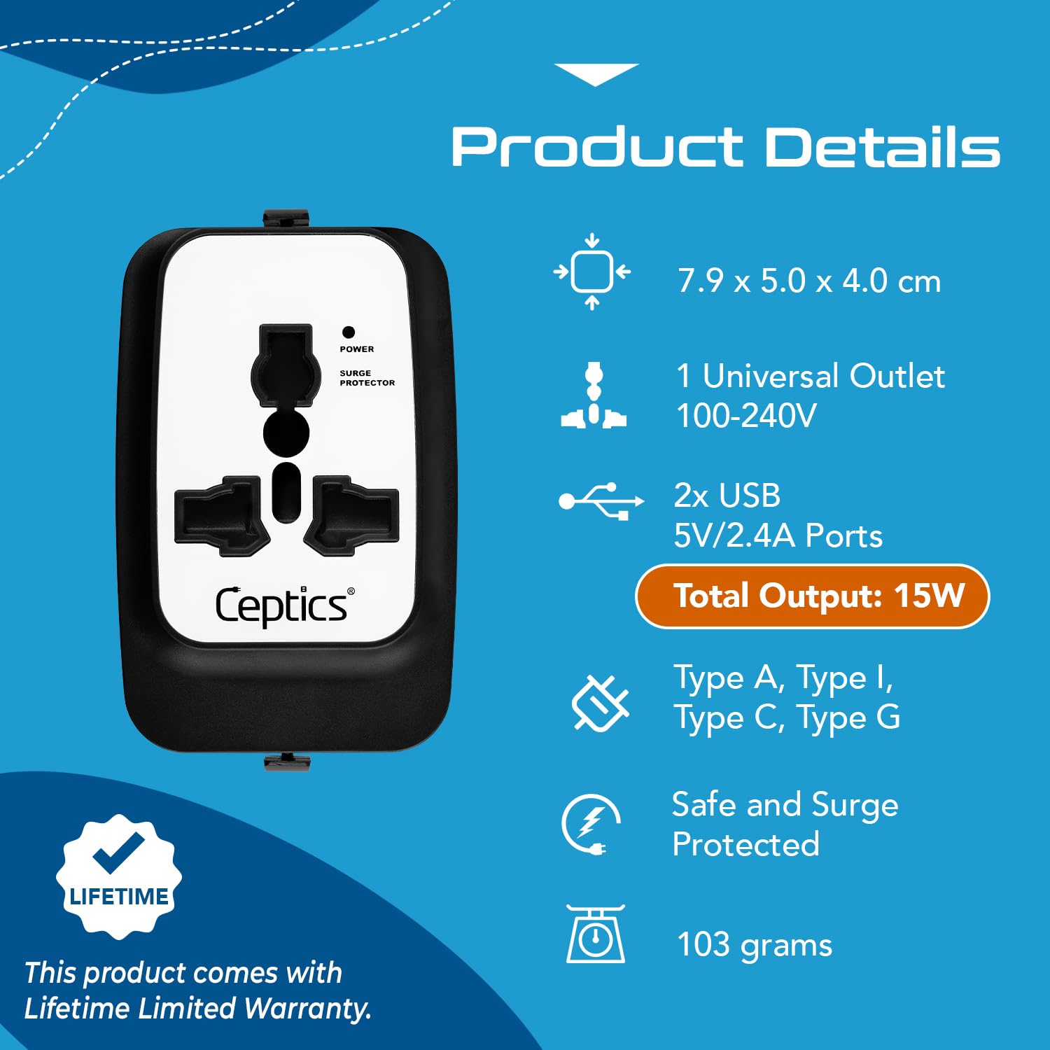 1748030840 Ceptics Universal Travel Adapter Dual USB 2.4A with 15W Output International Adapter Compatible for use in 150 Countries Type A C G I Output CE RoHS Certified – WhiteBlack