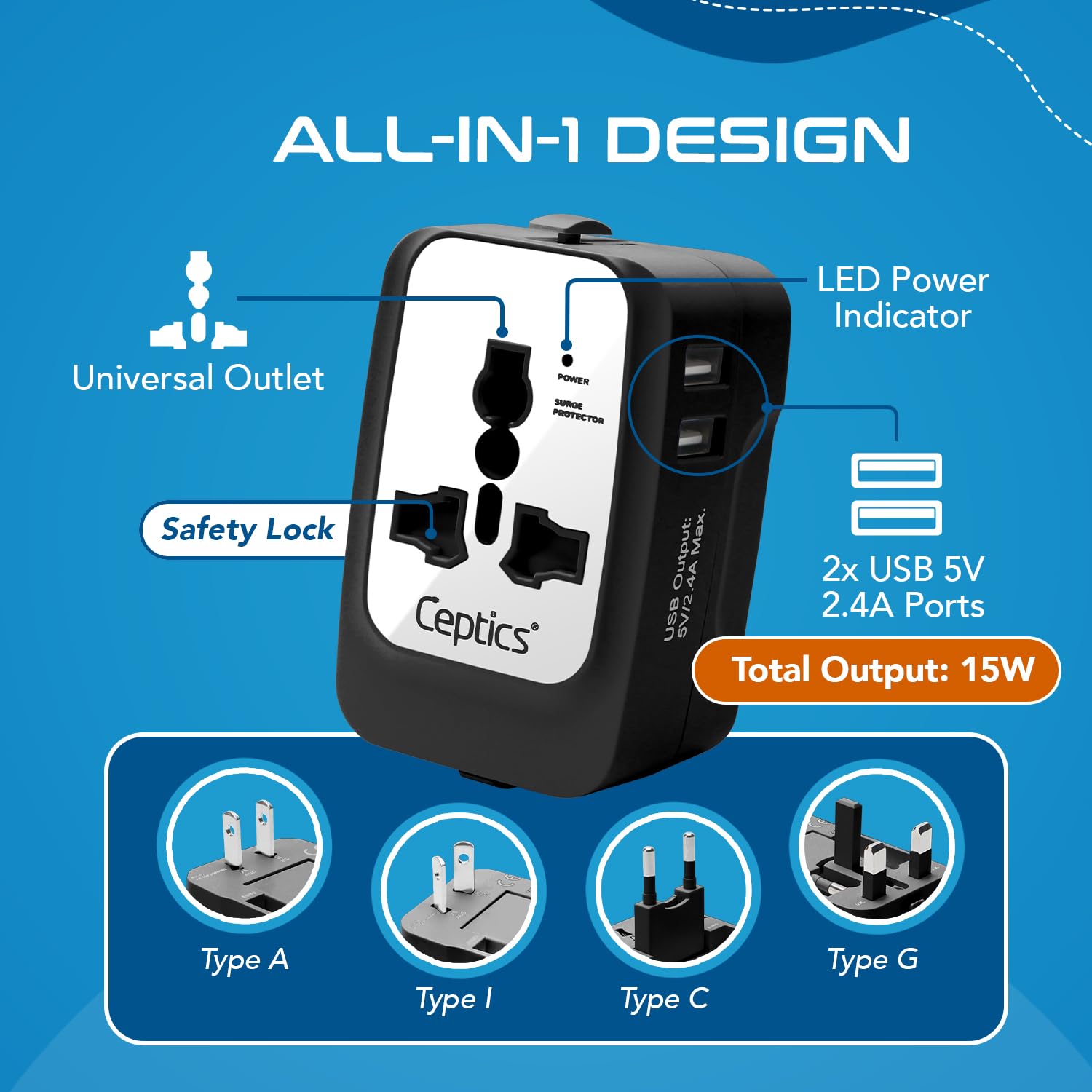 1748030842 Ceptics Universal Travel Adapter Dual USB 2.4A with 15W Output International Adapter Compatible for use in 150 Countries Type A C G I Output CE RoHS Certified – WhiteBlack