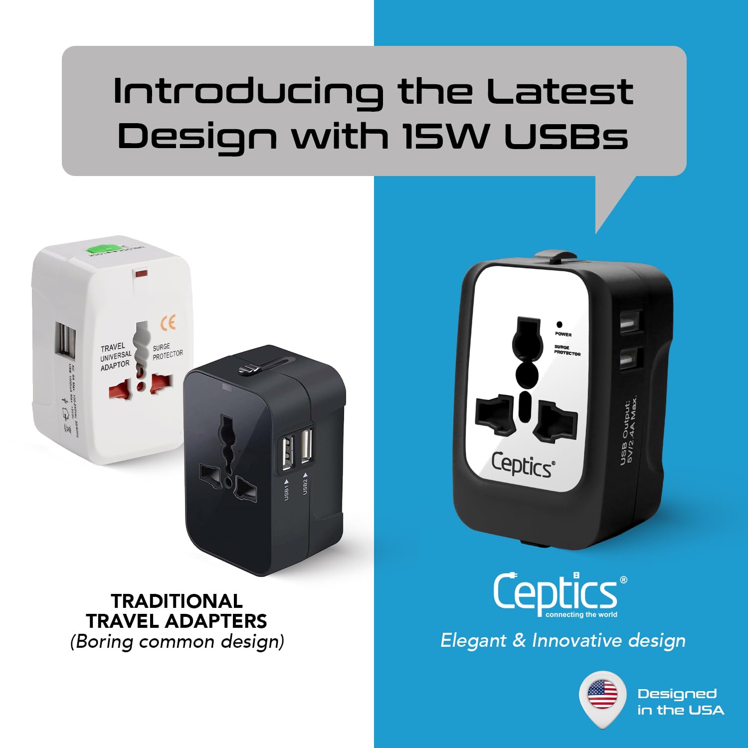 1748030844 Ceptics Universal Travel Adapter Dual USB 2.4A with 15W Output International Adapter Compatible for use in 150 Countries Type A C G I Output CE RoHS Certified – WhiteBlack