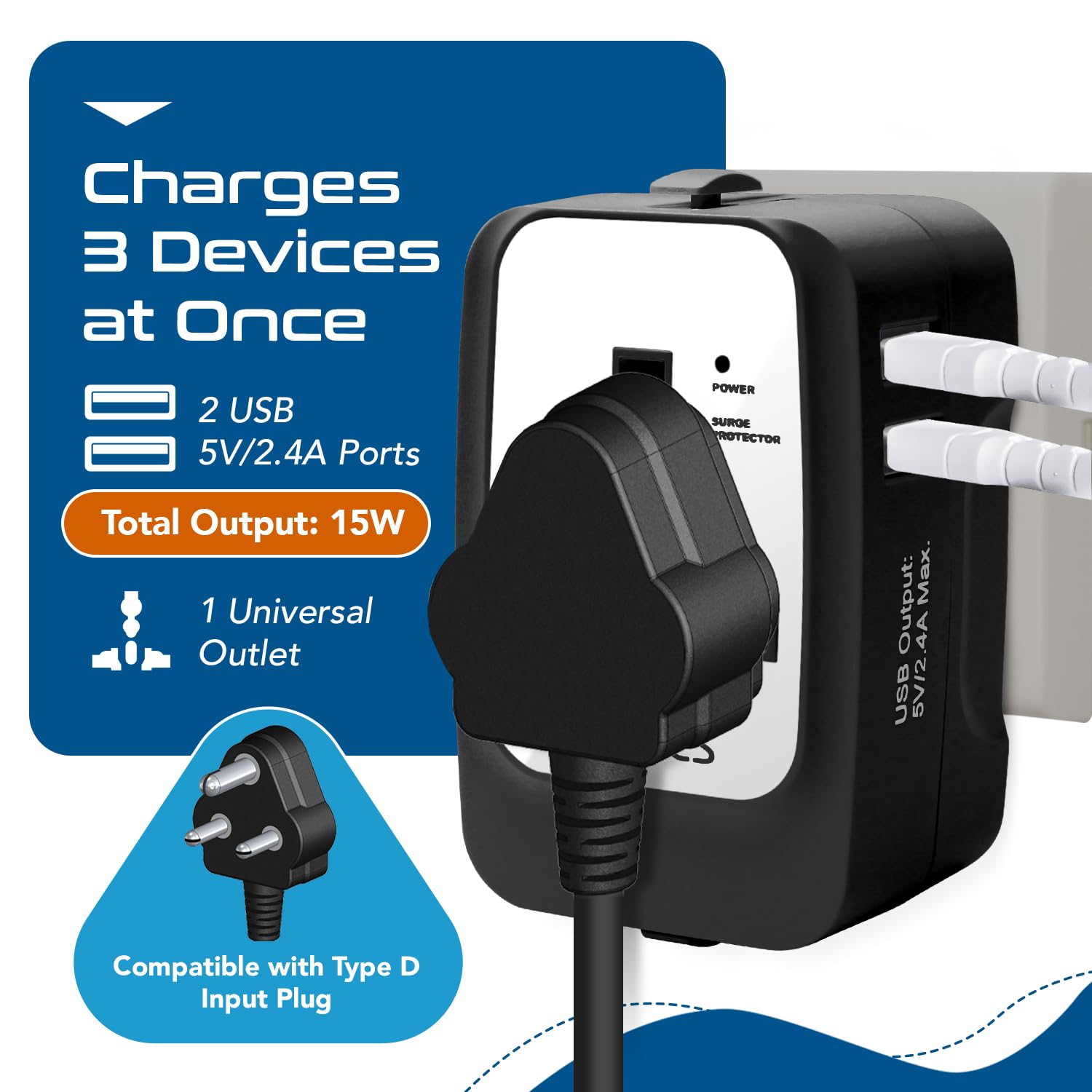 1748030846 Ceptics Universal Travel Adapter Dual USB 2.4A with 15W Output International Adapter Compatible for use in 150 Countries Type A C G I Output CE RoHS Certified – WhiteBlack