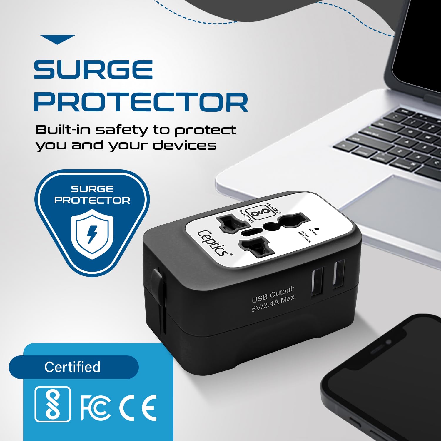 1748030847 Ceptics Universal Travel Adapter Dual USB 2.4A with 15W Output International Adapter Compatible for use in 150 Countries Type A C G I Output CE RoHS Certified – WhiteBlack