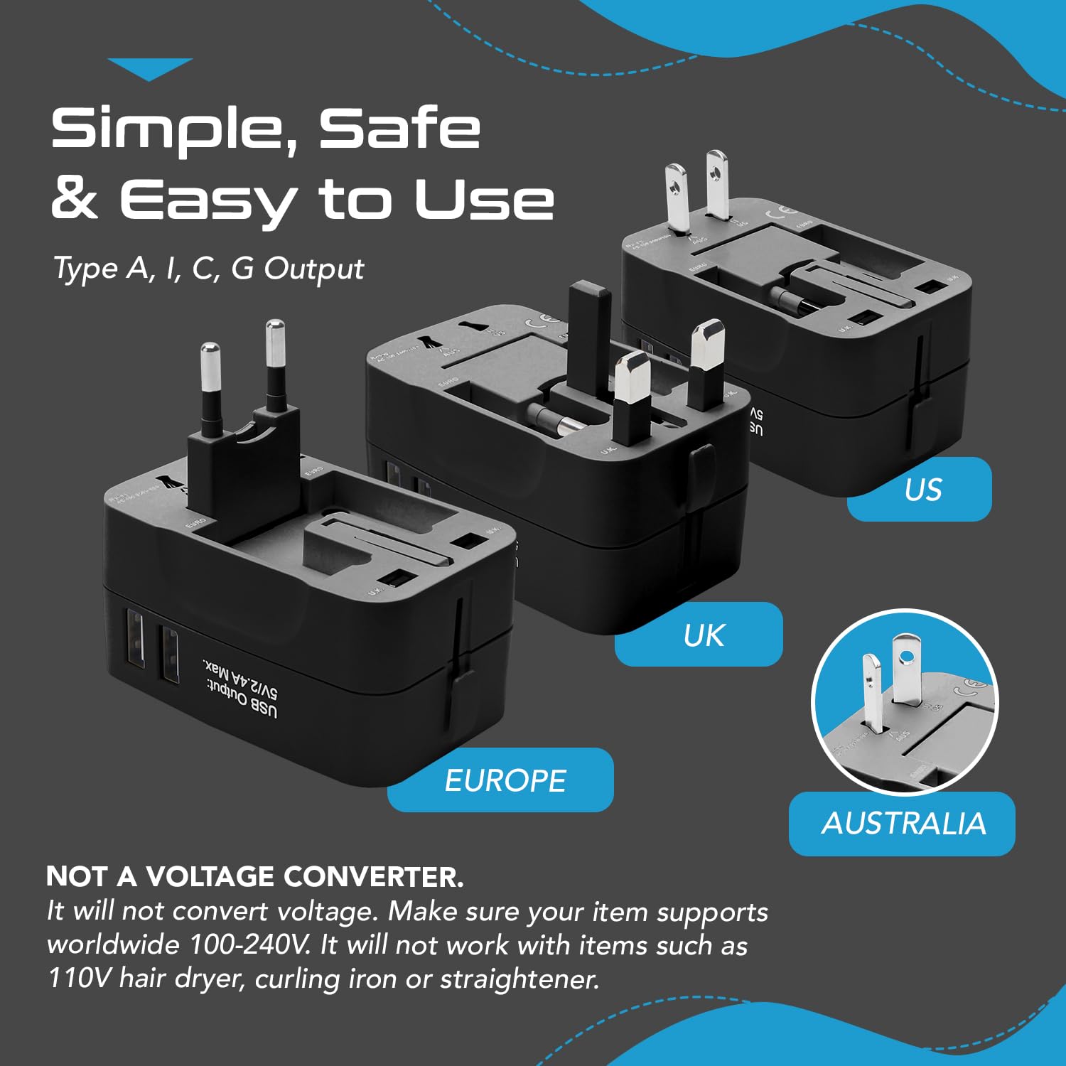 1748030849 Ceptics Universal Travel Adapter Dual USB 2.4A with 15W Output International Adapter Compatible for use in 150 Countries Type A C G I Output CE RoHS Certified – WhiteBlack