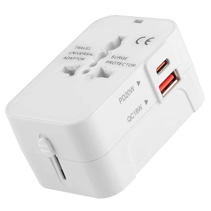 Basics India Universal Travel Adapter with Surge Protection USB C Charging – All in One Global Power ConverterCompatible with Smartphones Laptops Camera Mobiles Tablets White