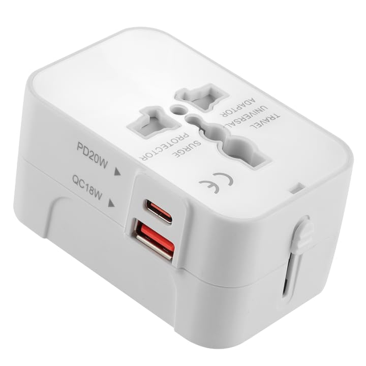 Basics India Universal Travel Adapter with Surge Protection & USB-C Charging – All-in-One Global Power Converter/Compatible with Smartphones, Laptops, Camera, Mobiles, Tablets (White)