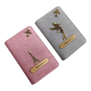 CELED Personalised Glitered Name Passport Cover Combo Pack| Combo Pack of 2 | Passport Cover for Womens and Girls| Gift Pack|Travel Assessories Peach & Silver