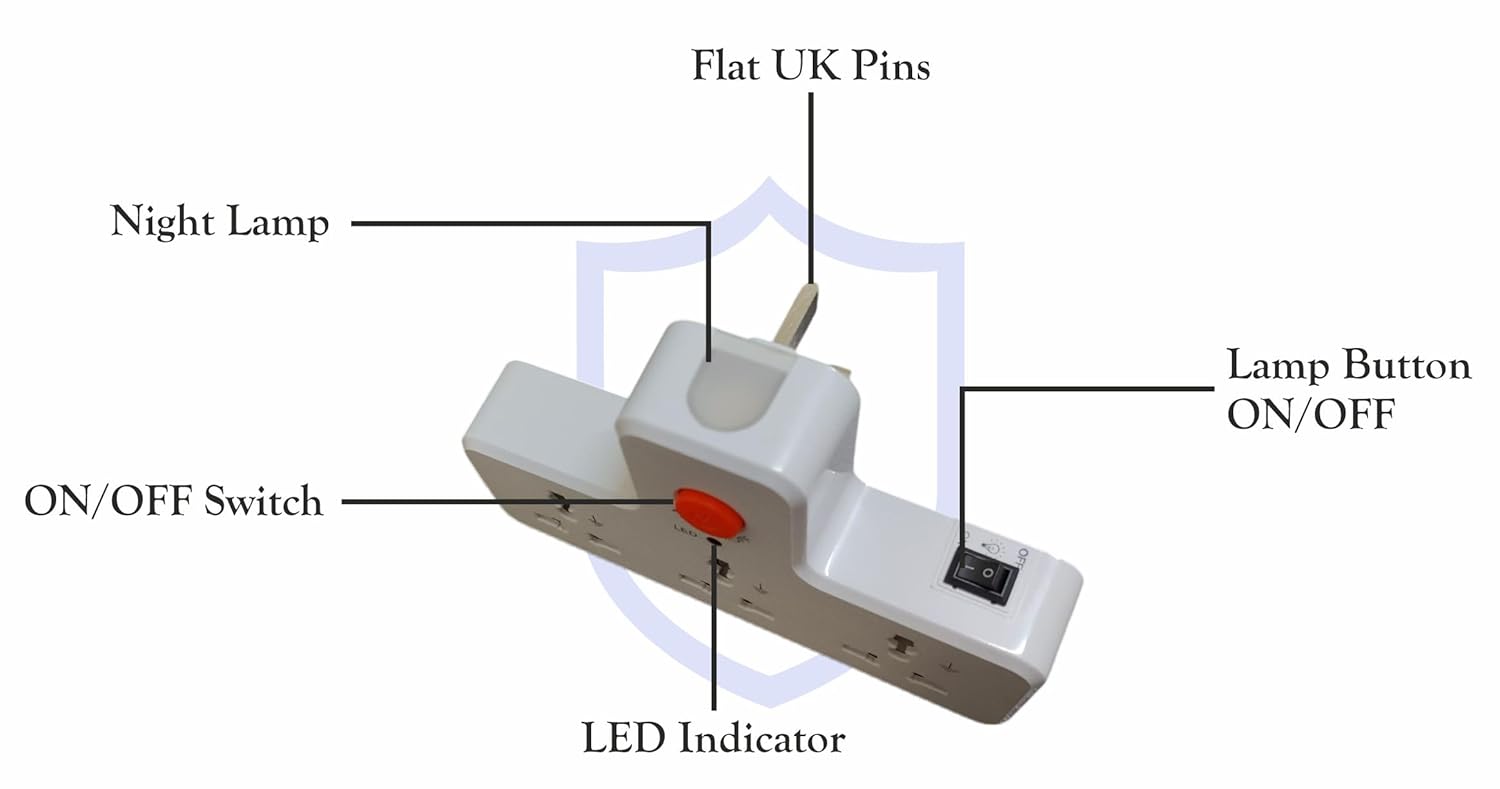 Catchex 3 Way UK Multi Plug Travel Adapter with LED Night Lamp Universal Sockets White