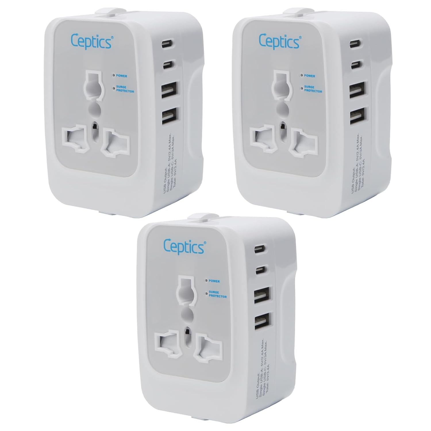Ceptics Travel Adapter India to Europe, USA, UK, Australia, Africa, Chile, Italy, UAE & World Travel Plug Adapter, Safe Compact & Powerful USB Adapter (Universal Travel Adapter with Type C, 3-Pack)
