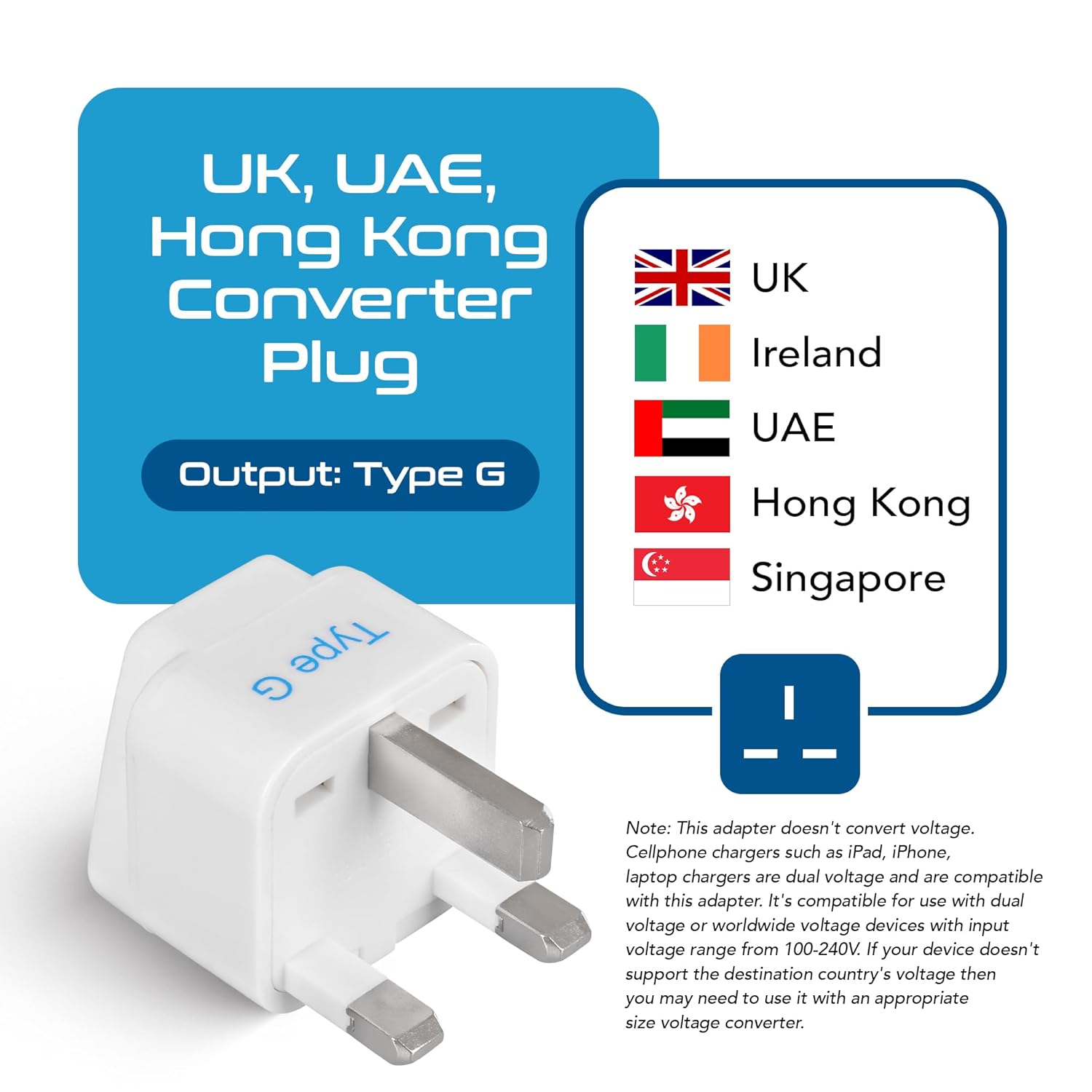 Ceptics Type G UK Adapter for Indian Pins India to Hong Kong UAE Dubai Travel Perfect for Laptop Camera Charger CE RoHS 2 Pack White 5 Years Warranty