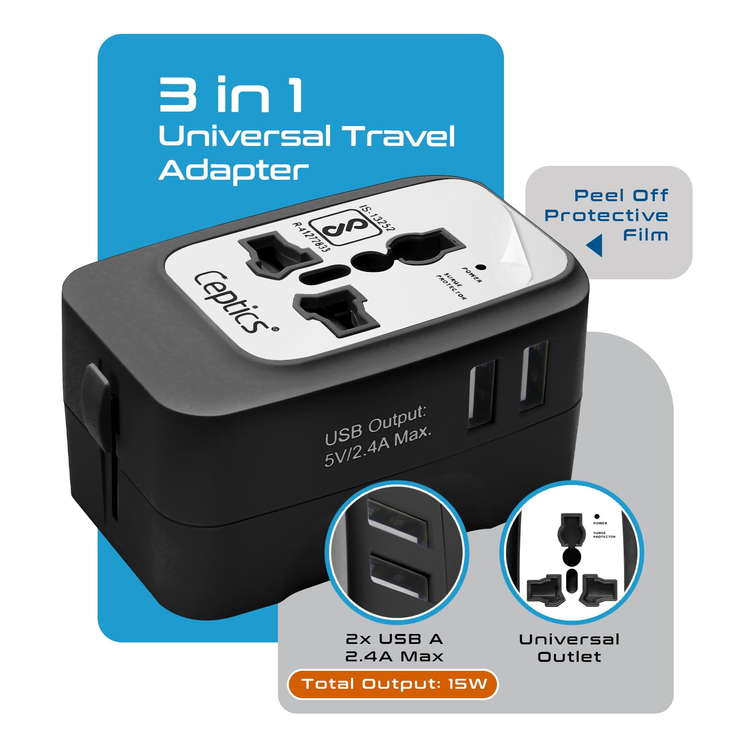 Ceptics Universal Travel Adapter Dual USB 2.4A with 15W Output International Adapter Compatible for use in 150 Countries Type A C G I Output CE RoHS Certified – WhiteBlack