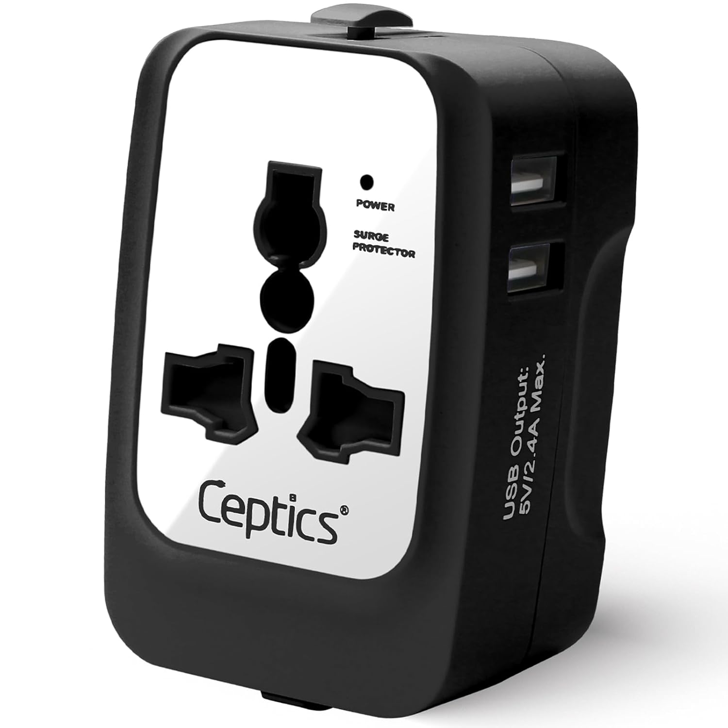 Ceptics Universal Travel Adapter, Dual USB (2.4A) with 15W Output, International Adapter Compatible for use in 150 Countries, Type A, C, G, I Output, CE & RoHS Certified – White/Black