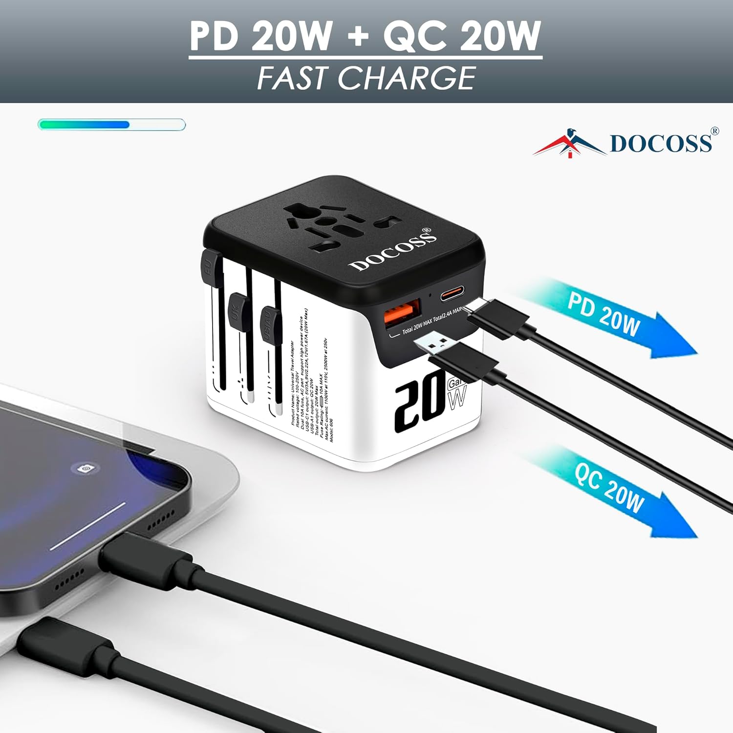 Docoss Fast Charging Universal Travel Adapter International All in One Adapter with Type CQC 3.0W3.1A Universal Adapter for UKUS EU Universal Plug Power Adapter Whte Black