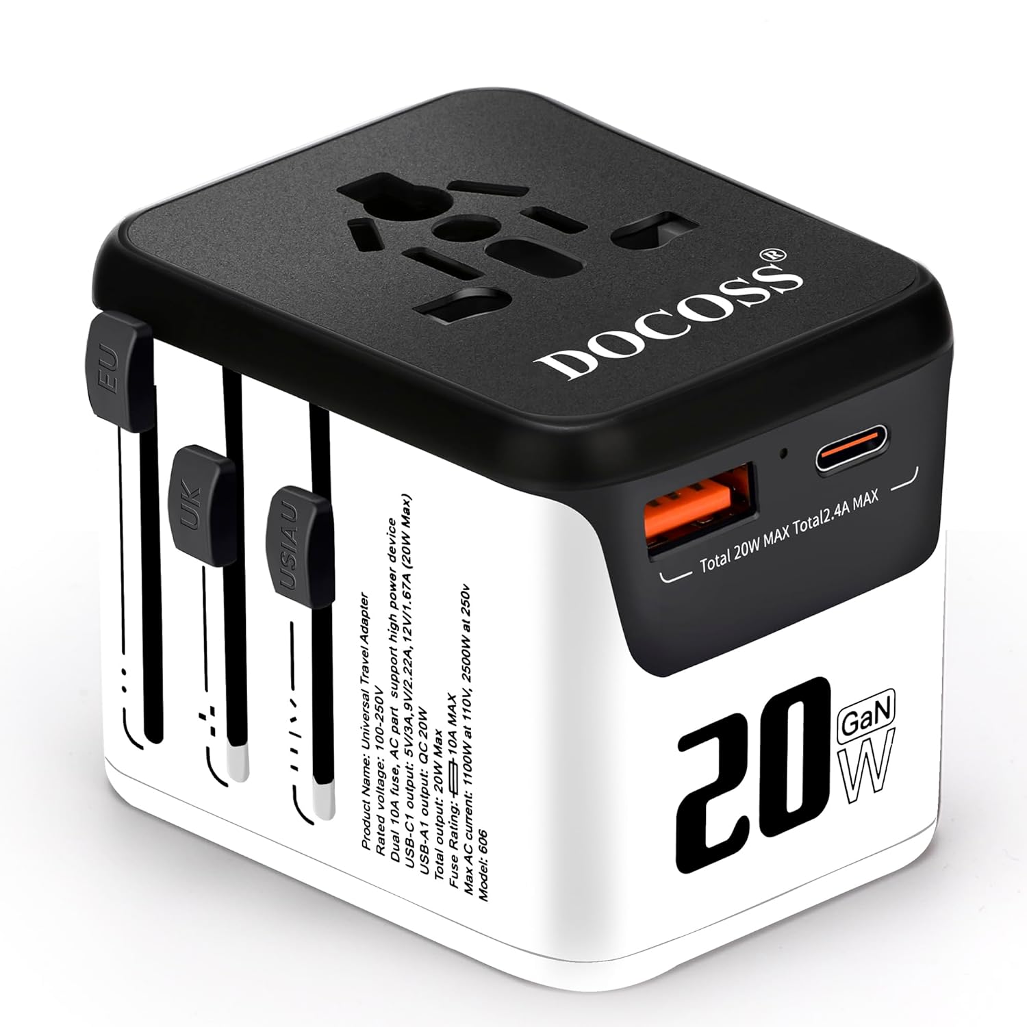 Docoss Fast Charging Universal Travel Adapter International All-in-One Adapter with Type C,QC 3.0,W/3.1A Universal Adapter for UK,US, EU-Universal Plug Power Adapter (Whte-Black)