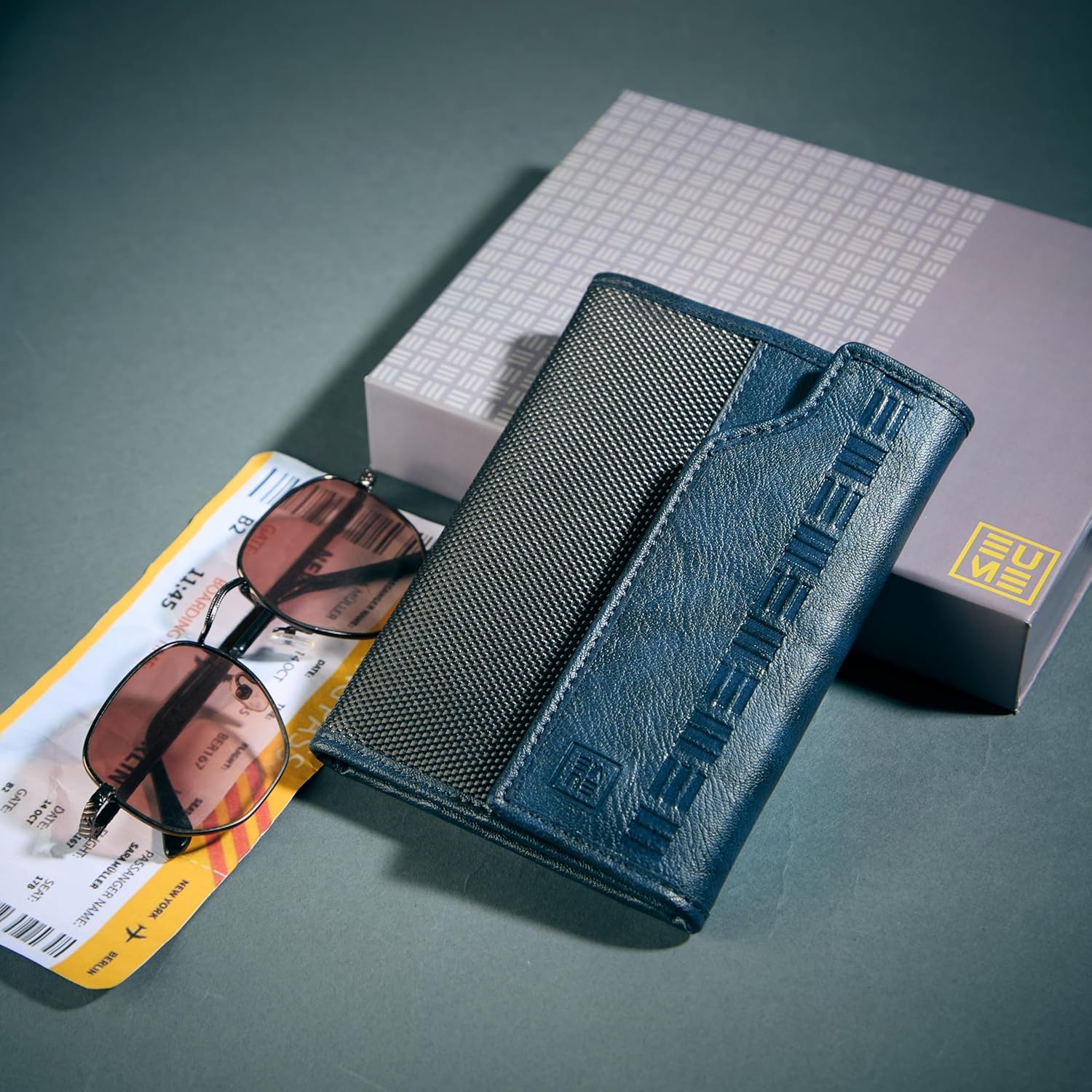 EUME Crest Passport Holder for Men Women Volcanic Blue Trifold Premium Vegan Leather 6 Card Slots 1 Compartment 2 Slip Pockets Passport Pouch Travel Document Organiser Passport Cover