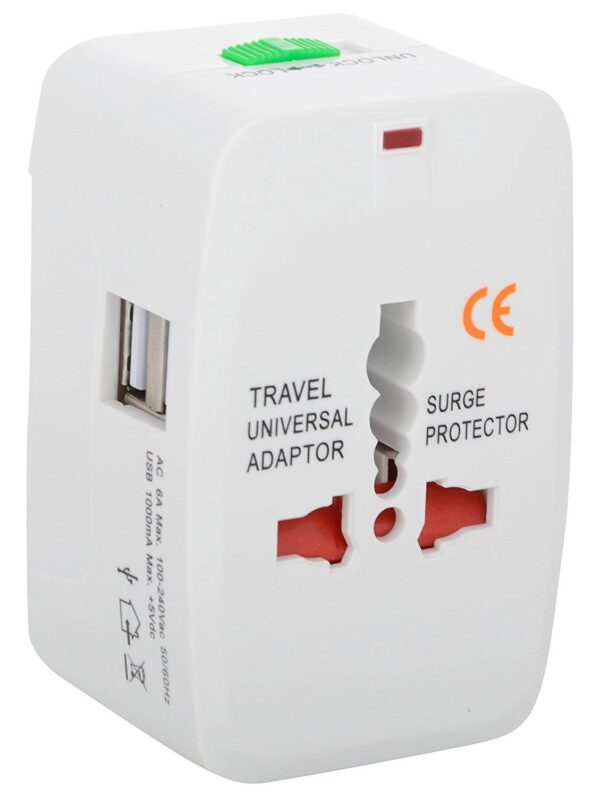 GETHOME Universal Worldwide Travel Adaptor with Built in Dual USB Charger Ports with 125V 6A, 250V with Surge/Spike Protected Electrical Plug (White)