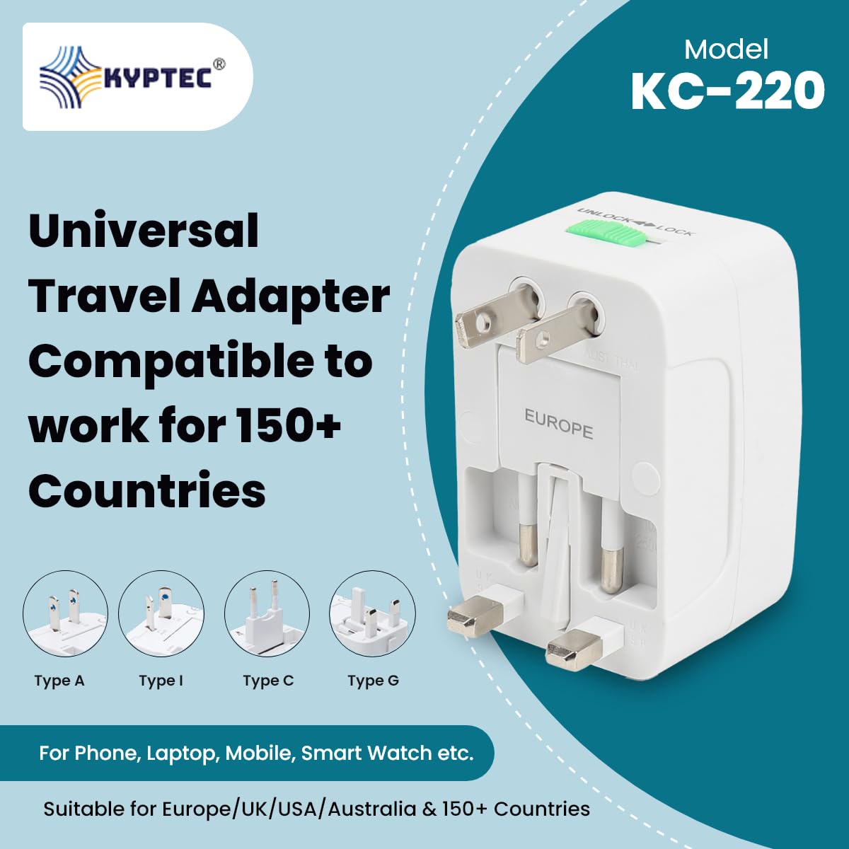 KYPTEC Universal Travel Adapter International All in One Worldwide Universal Charger Adapter Compact Lightweight International Travel Adapter Black 220