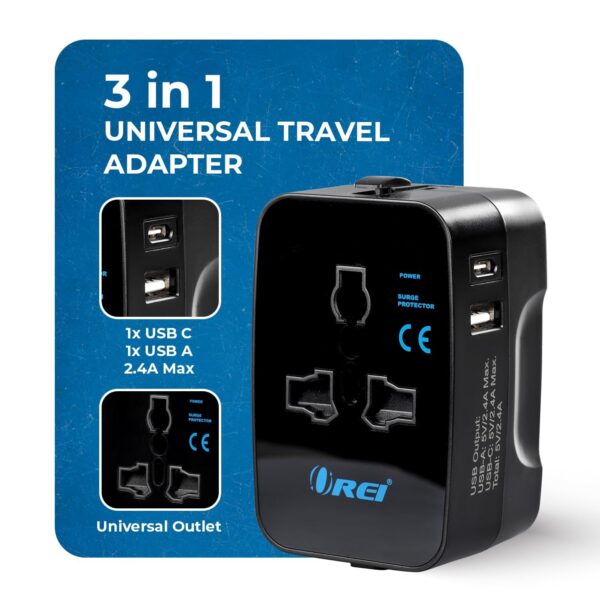 OREI Universal Travel Adapter with Type C 3 in 1 International Travel Adapter Universal Charger with 1 USB A 1 USB C 2.4A Each and Universal Output Socket – CE FCC Certified – 2 Pack
