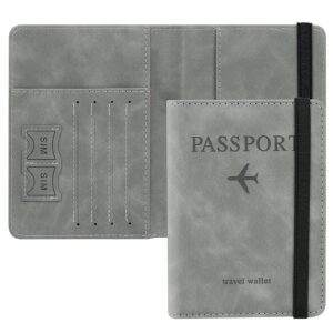 Passport Holder Cover Travel Wallet Organiser, Passport Case with RFID Blocking, PU Leather Travel Document Holder for Men & Women Travel Accessories (Grey) (Leather)