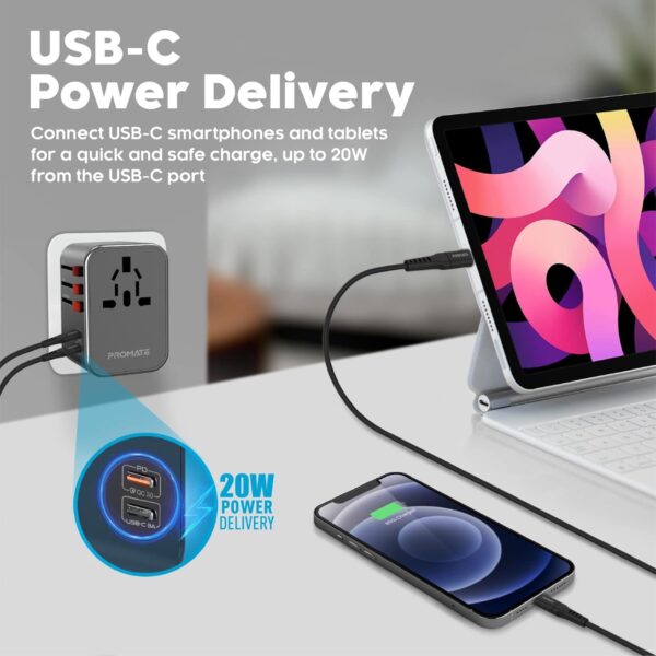 Promate Tripmate 36W Universal Travel Adapter with 1840W AC Socket 20W USB C PD 15W C 3 USB A Ports Travel Pouch Auto Resetting Fuse Surge Protection All in One Charger US UK EU AU