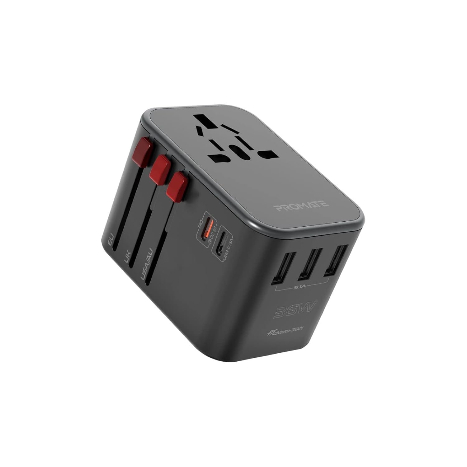 Promate Tripmate 36W Universal Travel Adapter with 1840W AC Socket, 20W USB-C PD, 15W -C, 3 USB-A Ports, Travel Pouch, Auto-Resetting Fuse & Surge Protection, All-in-One Charger -US, UK, EU, AU