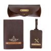 The Junket Personalised Gift Hamper for Couple with PU Leather Customize Passport Cover, Luggage Tag & Eyewear Case | Gift Combo for Wife and Husband with Personalized Name & Charms (Dark Brown)