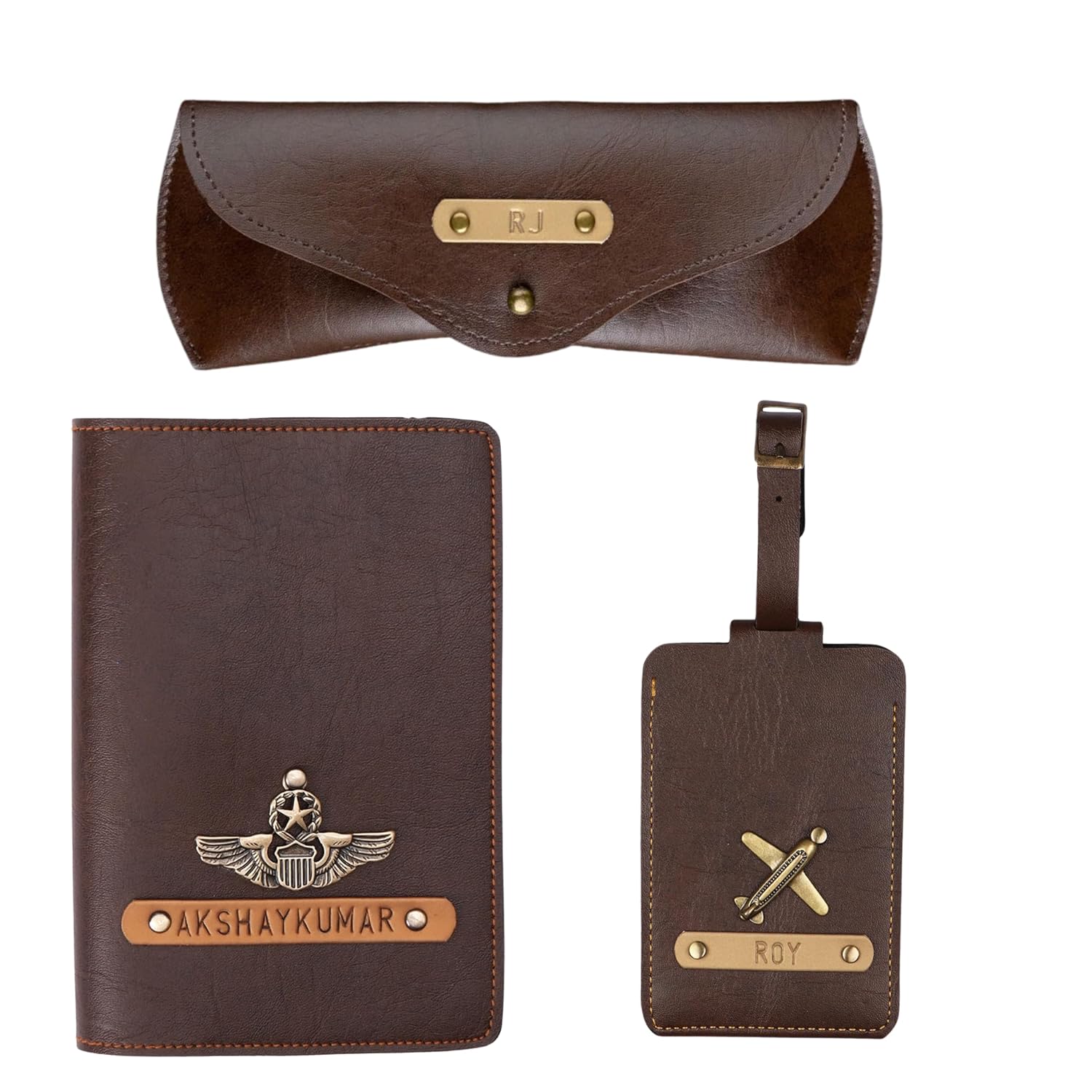 The Junket Personalised Gift Hamper for Couple with PU Leather Customize Passport Cover, Luggage Tag & Eyewear Case | Gift Combo for Wife and Husband with Personalized Name & Charms (Dark Brown)