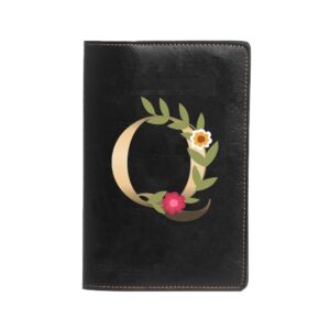 The Messy Corner Blossom Passport Cover | Travel Accessories Organizer with Name Initials- Q | For Men & Women | Vegan Leather Passport Holder | Passport Cover with Card Slots| Handcrafted Gift |Black