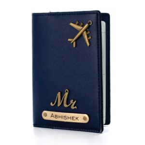 The Unique Gift Studio Personalised Name & Charm Leather Passport Cover Holder for Men & Women - Blue - Customised Passport Holder for Gift
