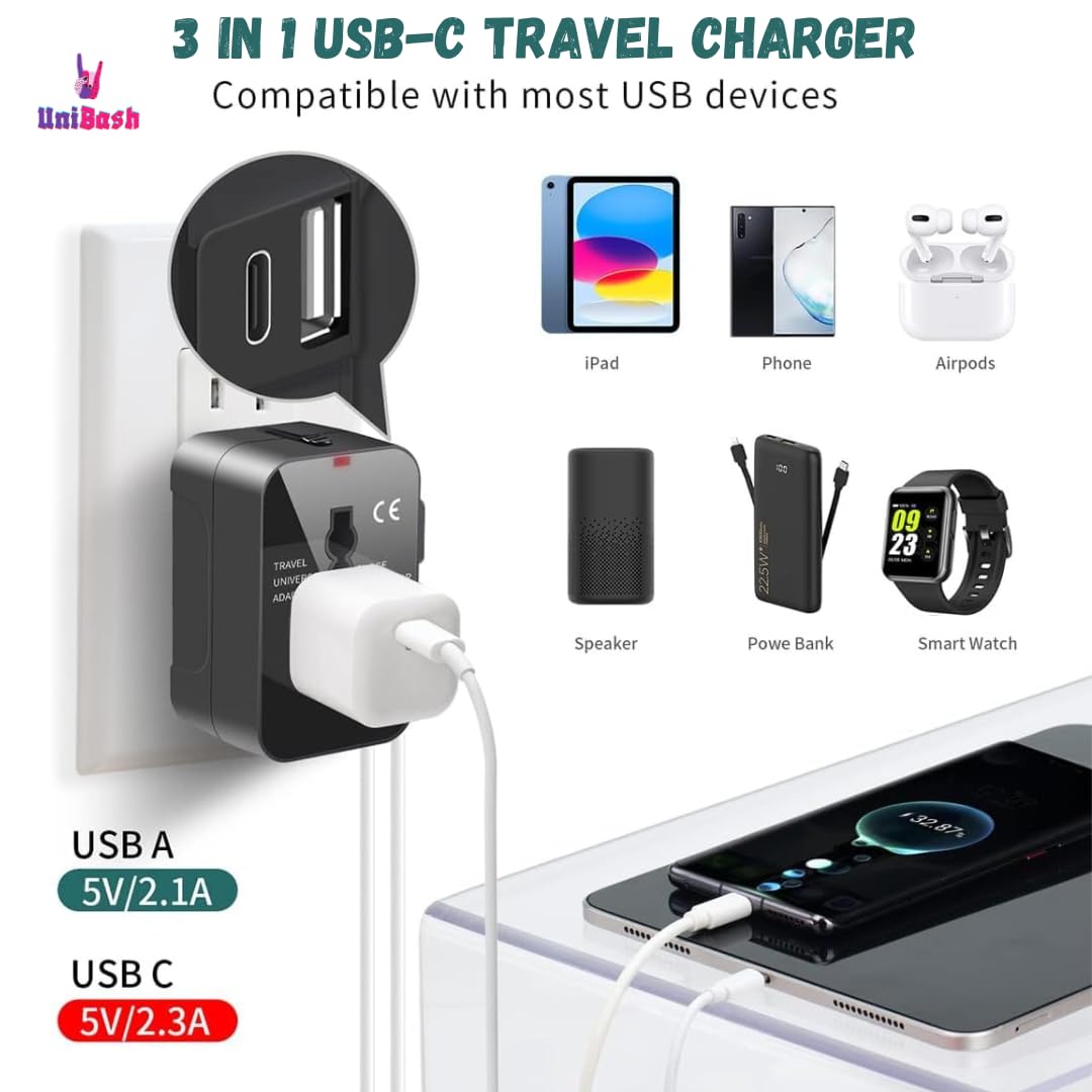 UniBash Universal SocketTravel Essentials Accessories with 1 USB 1 USB C with 2.4A Universal Travel Adopter India UK USA Australia Germany Europe Travel Adaptor for Phone Laptop Mobile Tablet