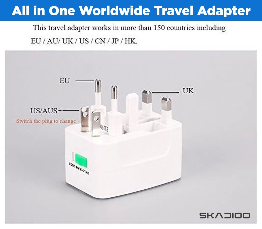 1749183591 SKADIOO Universal Travel Adapter Plug All in One International Power Converter for US UK EU AUS Europe North South America 150 Countries Fast Charging Compact for Smartphones Laptops