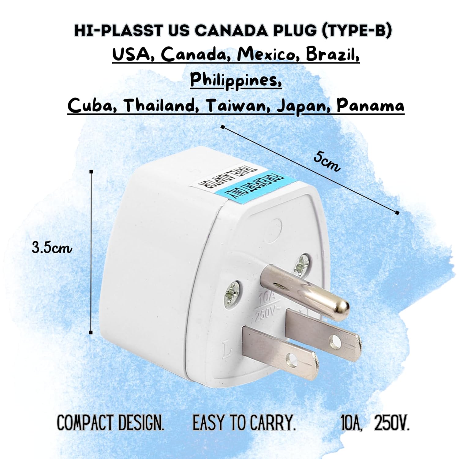 1749619005 Hi Plasst India to USA Type B Plug Adapter Pack of 1 Universal Travel Adapter for US Canada Mexico Japan Thailand Converter for Indian Plugs for Laptop Camera Chargers 10A 250V