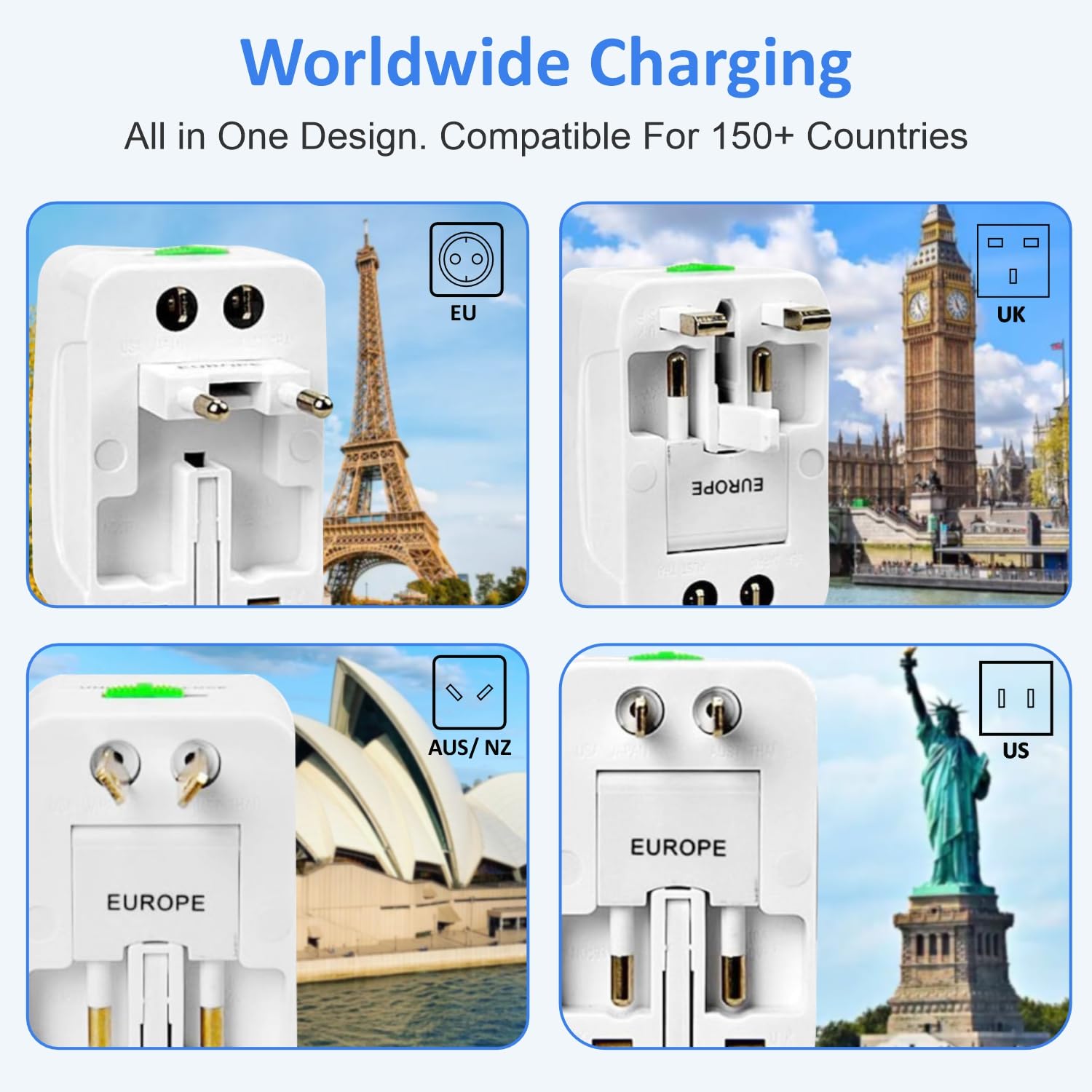1749792083 HUMBLE Universal Travel Adapter with Dual USB Charger Ports International Multipurpose All in One Solution for US AUS UK EU Europe NorthSouth America 150 Countries Rectangle