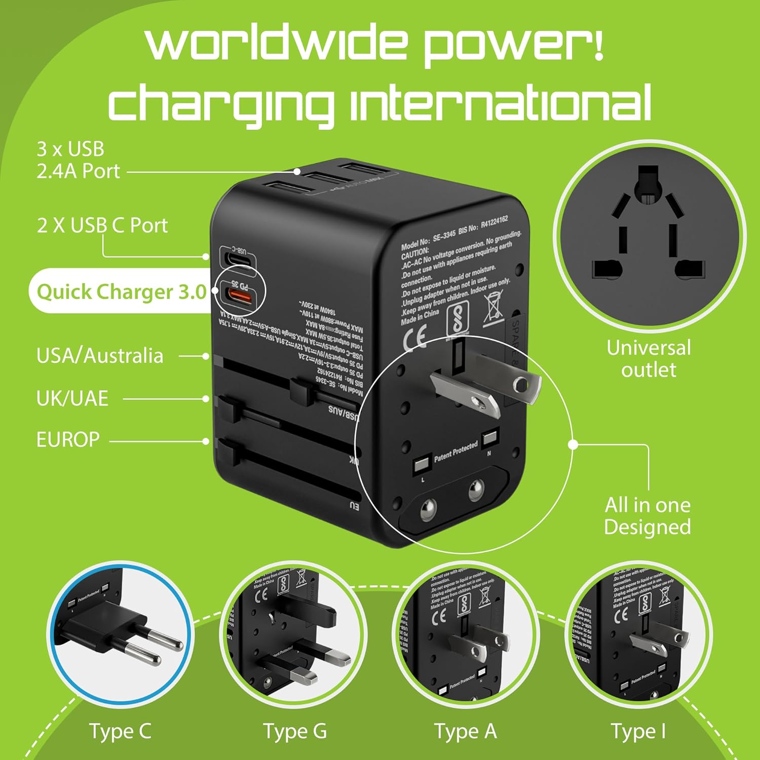 1750138651 2Buds GEN 4 35.5W 6 in 1 International Travel Adapter with Universal Adapter Plug Socket 2 x USB C Ports 3 x USB A with 1 PD 8A Dual Fuse – US UK Europe Worldwide Travel Adapter