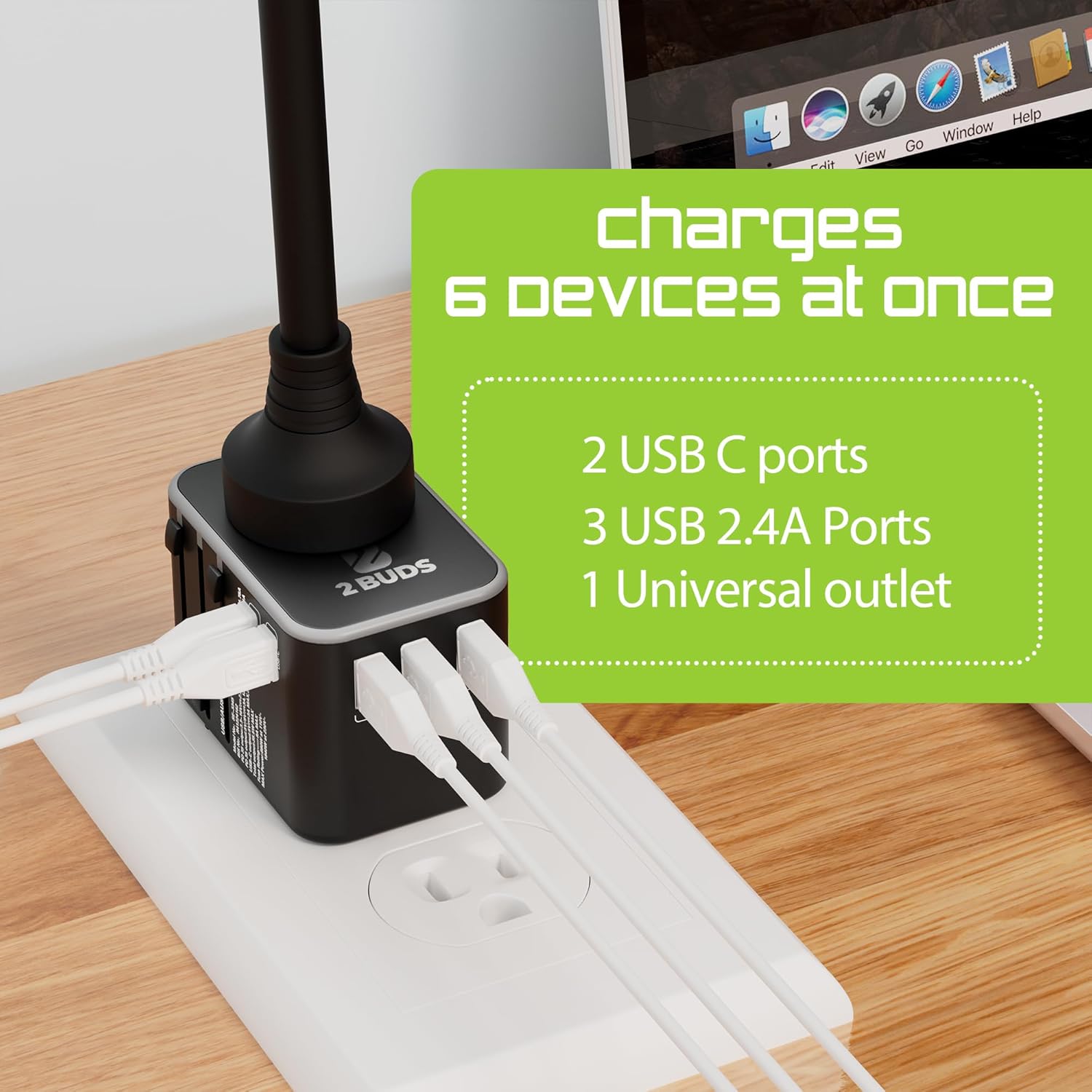 1750138683 2Buds GEN 4 35.5W 6 in 1 International Travel Adapter with Universal Adapter Plug Socket 2 x USB C Ports 3 x USB A with 1 PD 8A Dual Fuse – US UK Europe Worldwide Travel Adapter