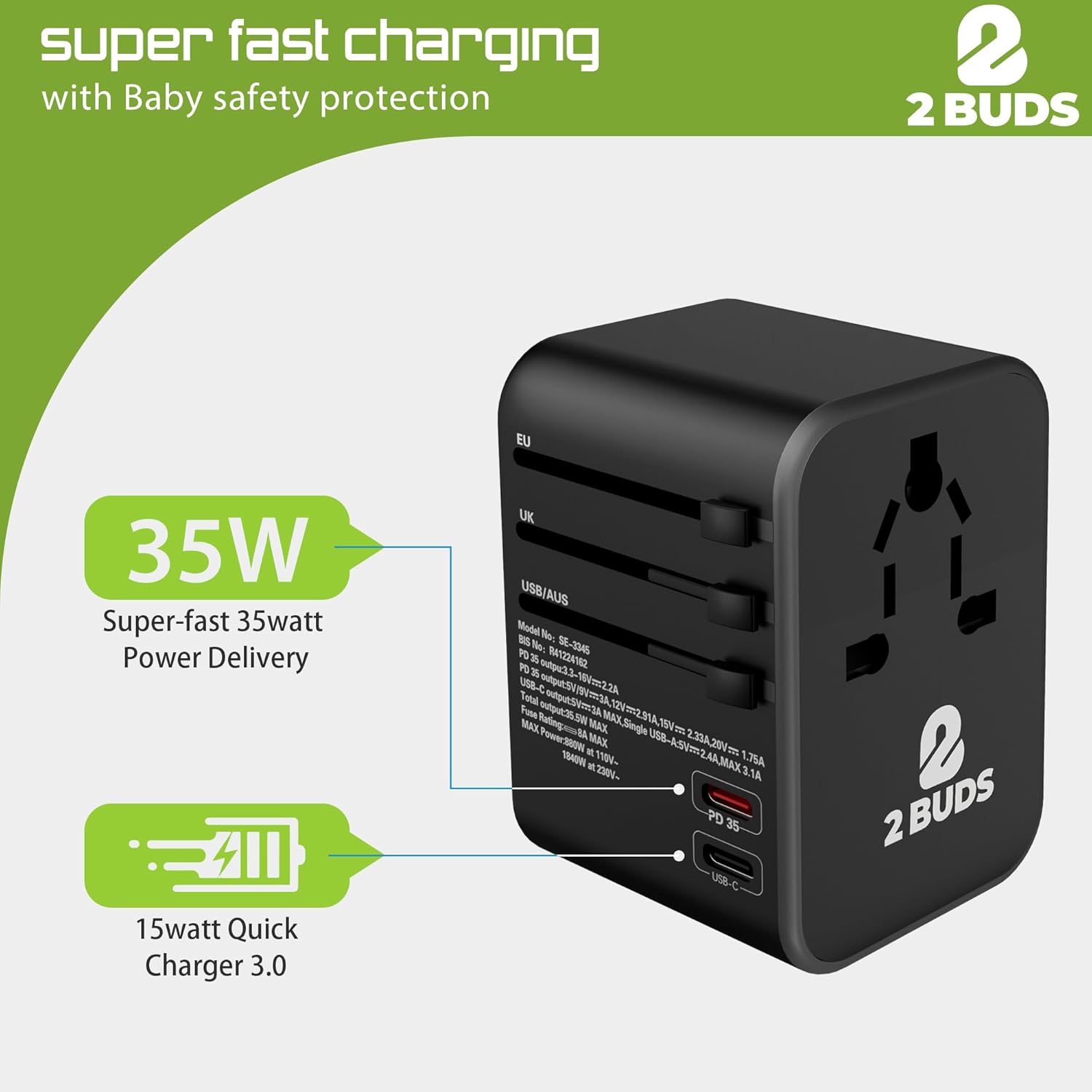 1750138752 2Buds GEN 4 35.5W 6 in 1 International Travel Adapter with Universal Adapter Plug Socket 2 x USB C Ports 3 x USB A with 1 PD 8A Dual Fuse – US UK Europe Worldwide Travel Adapter