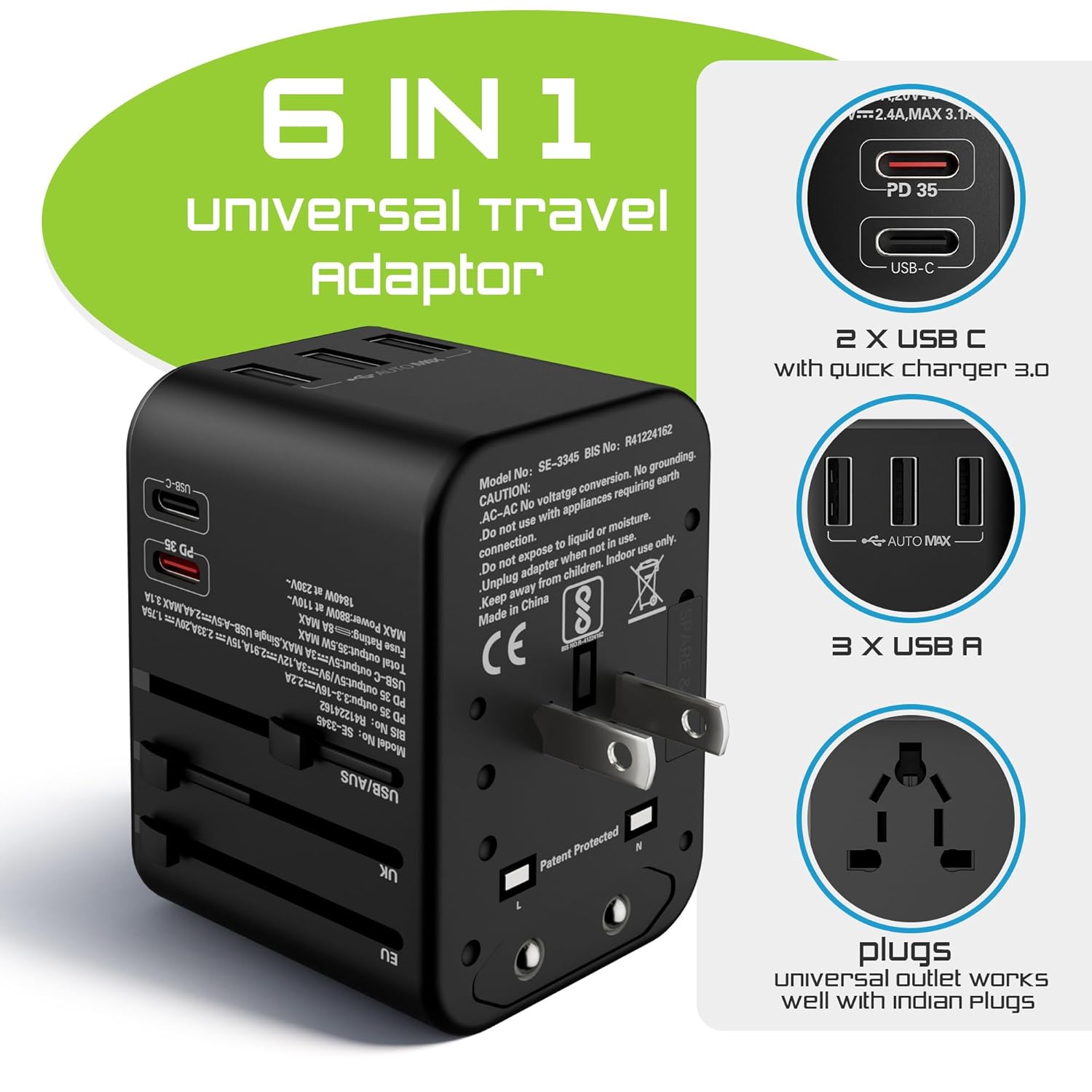 2Buds GEN 4 35.5W 6 in 1 International Travel Adapter with Universal Adapter Plug Socket 2 x USB C Ports 3 x USB A with 1 PD 8A Dual Fuse – US UK Europe Worldwide Travel Adapter