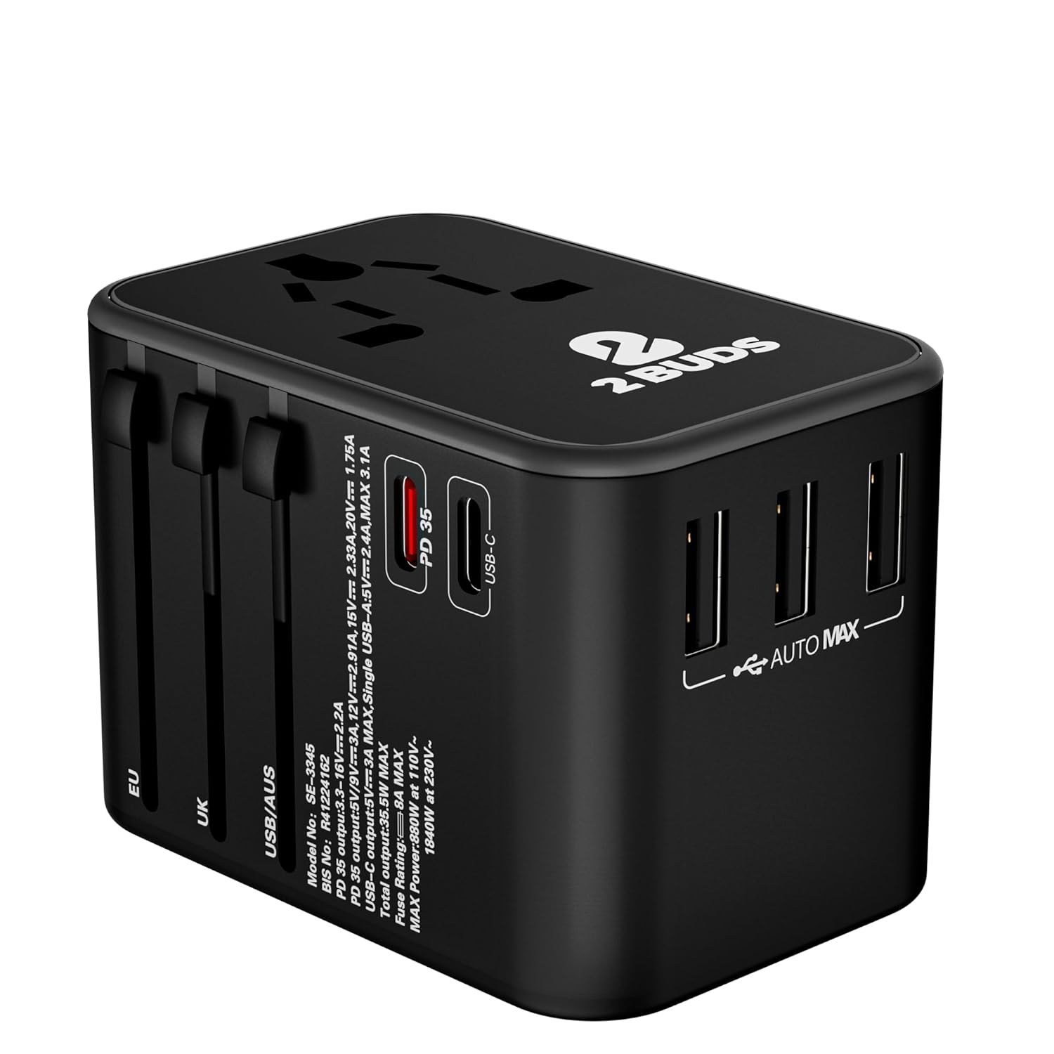 2Buds GEN 4 [35.5W] 6 in 1 International Travel Adapter, with Universal Adapter Plug Socket, 2 x USB-C Ports & 3 x USB-A with 1 PD & 8A Dual Fuse – US, UK, Europe Worldwide Travel Adapter
