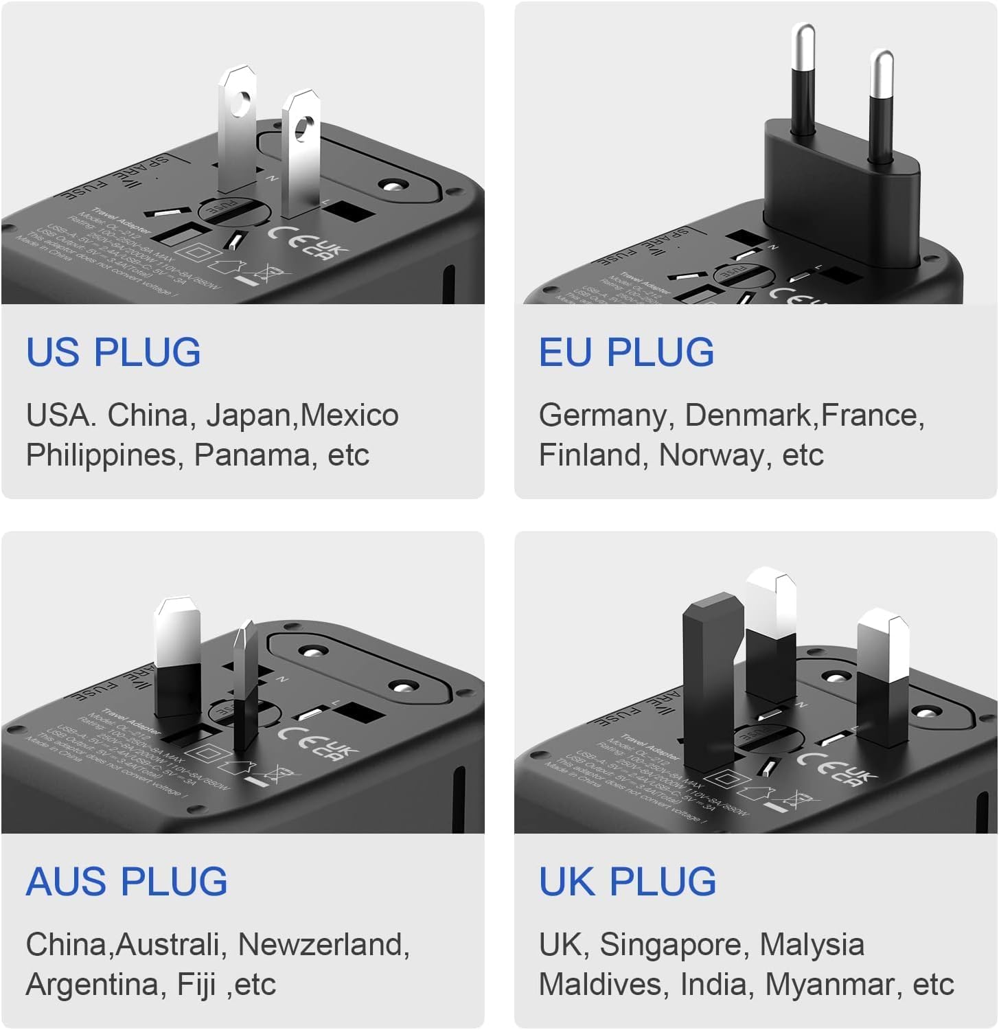 2Buds Worldwide Universal Travel Adaptor - Advance GAN Technology 20W + QC 18W Fast Charger l 2 x USB-C Ports & 2 x USB-A for US, UK, Europe, AUS, South Africa, India and 200 Countries.