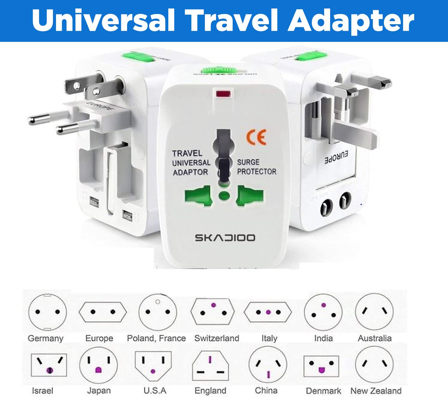SKADIOO Universal Travel Adapter Plug All in One International Power Converter for US UK EU AUS Europe North South America 150 Countries Fast Charging Compact for Smartphones Laptops