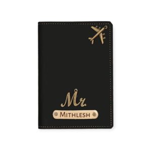 The Unique Gift Studio Personalised Name & Charm Leather Passport Cover Holder for Men & Women Black | Customised Passport Holder for Gift