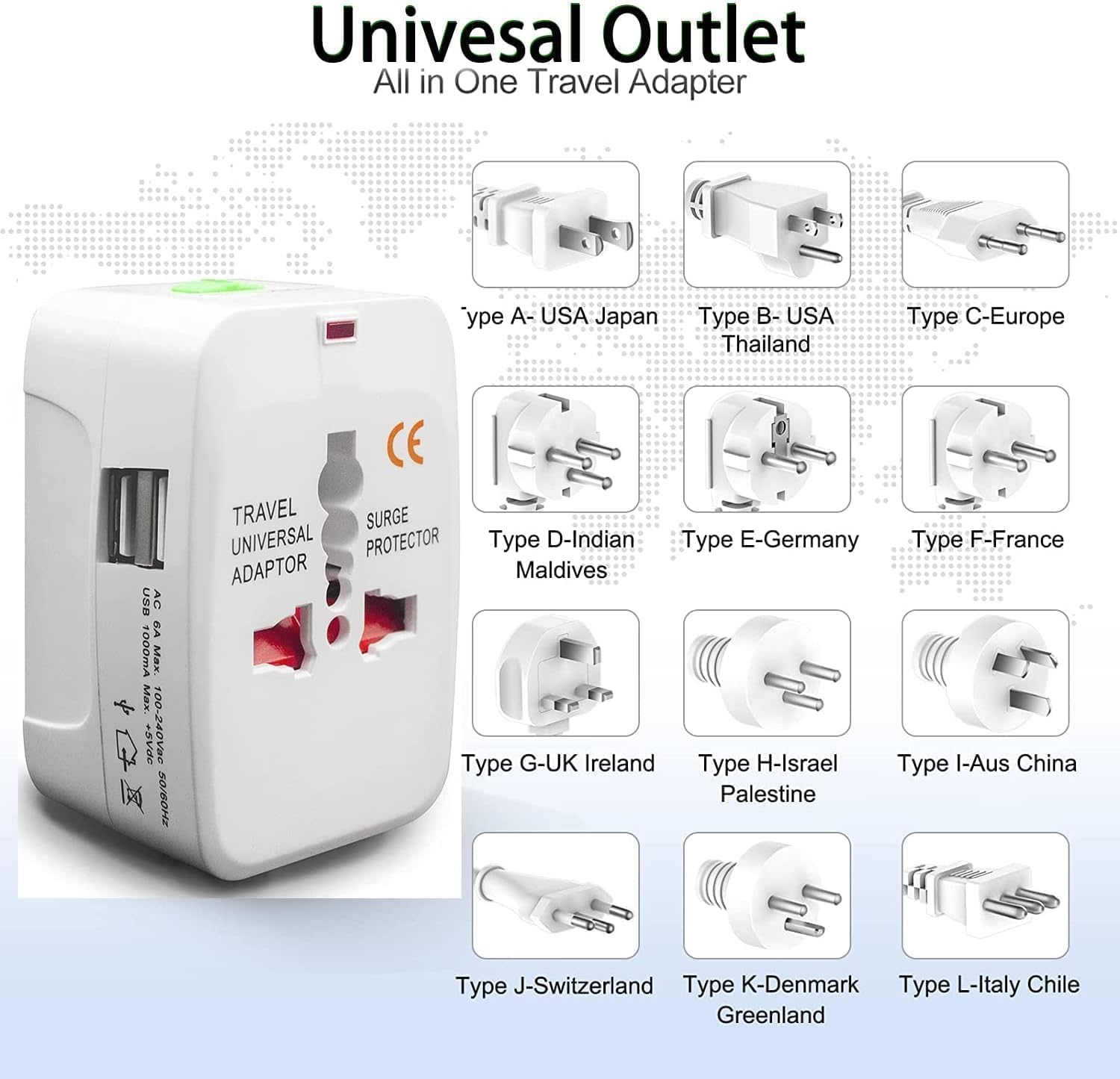 Tyagy Universal Travel Plug Adapter Worldwide All in One Portable Wall AC Power Charger with Dual USB Charging Ports 224 Countries Supported