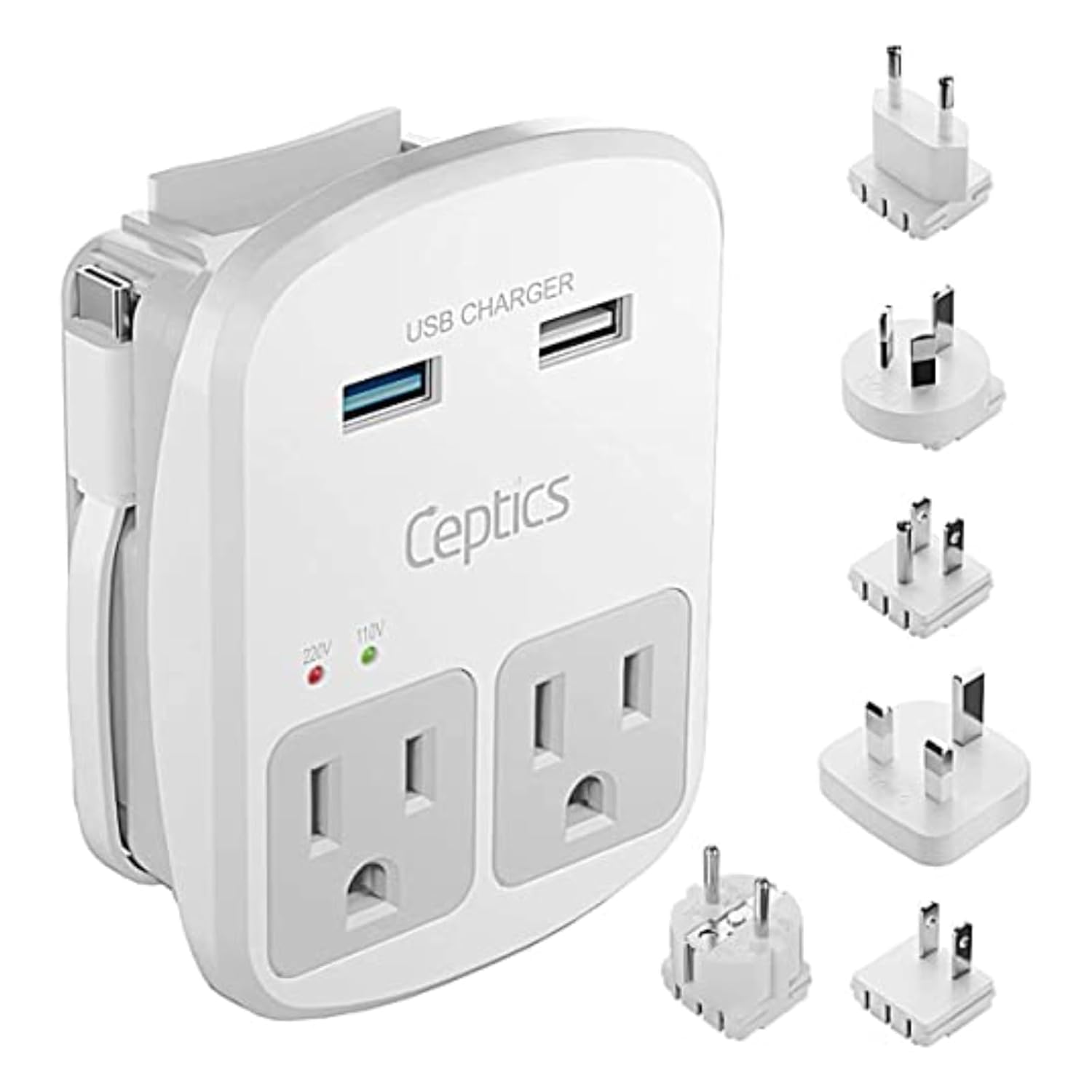 World Travel Adapter Kit by Ceptics - QC 3.0 2 USB + 2 US Outlets, Surge Protection, Plugs for Europe, UK, China, Australia, Japan - Perfect for Laptop, Cell Phones, Cameras - Safe ETL Tested